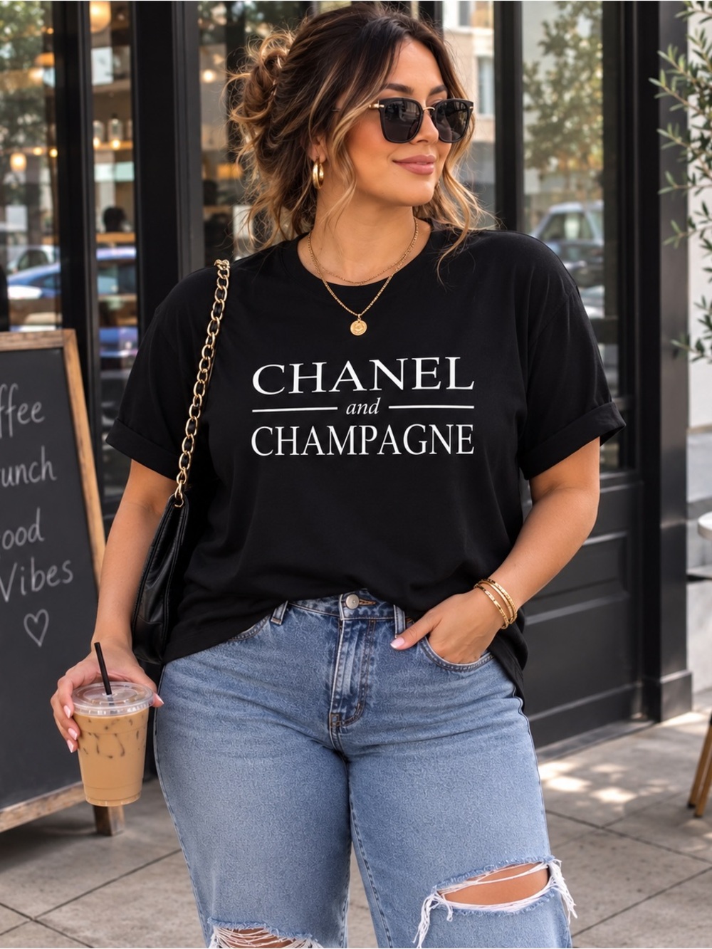 Black 'Champagne' Graphic Tee - Women's Casual Top